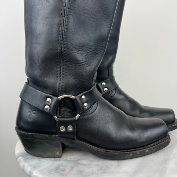 Frye Harness Black Leather Moto Mid-Calf Block Heel Square Toe Boots (Sz 10) - Picture 10 of 14